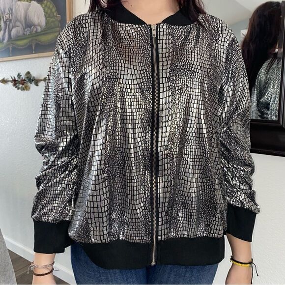 Shein Curve Womens Snakeskin Metallic Long Sleeve Full Zip Jacket Silver 4XL - Picture 1 of 10